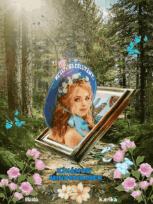 a picture of a woman in a blue hat is surrounded by pink flowers