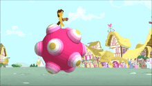 a cartoon of a horse riding on a pink ball