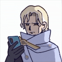 a cartoon of a man holding a cell phone