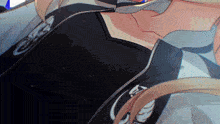 a close up of a person wearing a black shirt with a s on it