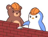 a teddy bear and a penguin are building a wall