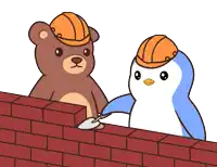 a teddy bear and a penguin are building a wall