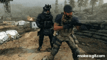 two soldiers standing next to each other in a video game with the words make a gif.com on the bottom