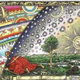 a painting of a man kneeling in front of a tree with the words pixiz at the top