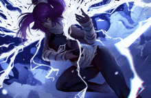 a girl with purple hair is surrounded by lightning strikes