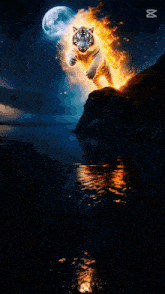 a fire tiger is reflected in the water with the capcut logo in the corner