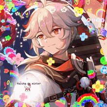 a drawing of a boy with flowers and rainbows and the words kazuha de winter