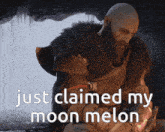 a man with a beard is sitting in a cave with the words just claimed my moon melon