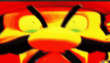 a close up of a cartoon character 's face with a red and yellow background