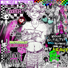 a black and white drawing of a girl with the words " you wanna see brutality open my chest look at my heart " at the bottom