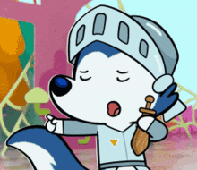 a cartoon drawing of a husky wearing a knight 's armor and holding a sword