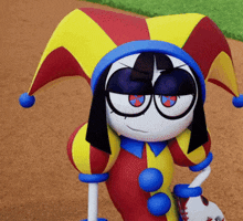 a cartoon character is wearing a jester hat and holding a ball