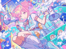a girl with pink hair is holding a megaphone with the letter s visible on it