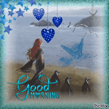 a picture of a woman and penguins with the words " good morning "