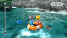 a video game screen shows two people in a raft in the water with a time of 00:13