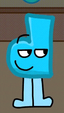 a blue cartoon character with a face and legs is smiling
