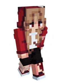 a girl is wearing a red hoodie with the letter i on it .