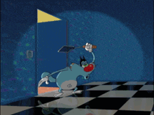 a cartoon character is standing in front of a checkered floor