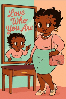 a cartoon of betty boop pointing at herself in the mirror