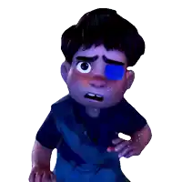 a cartoon character with a purple eye and a purple shirt