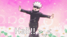 a cartoon character is jumping in the air with his arms outstretched and the words haii ! written below him .