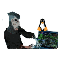 a man with a beard is looking at a computer screen with a penguin standing next to him