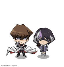 a couple of anime characters standing next to each other with the letters kc on their heads
