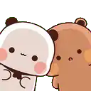 a panda bear and a brown bear are kissing each other on the nose .