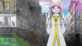 a girl with purple hair and a white robe is standing in a narrow alleyway between two buildings .