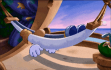 a cartoon character is laying in a hammock with a sunset in the background