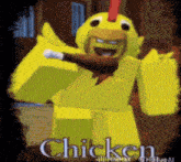a yellow chicken holding a piece of meat with the word chicken above it