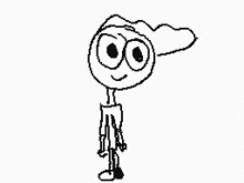 a black and white drawing of a cartoon character with big eyes and a hat