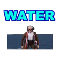 a man with his arms in the air stands in front of a sign that says water