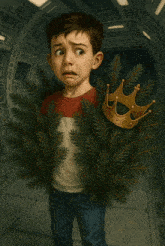 a painting of a boy holding a crown and pine needles