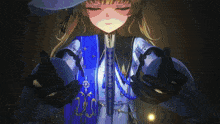 a girl in a blue and white kimono is holding a book