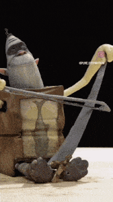 a cartoon character is holding a saw and a bag that says ' pure stop motion ' on it