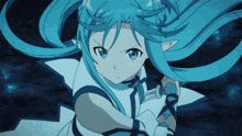 a girl with long blue hair is holding a sword in her hand