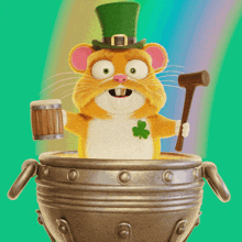 a cartoon mouse wearing a leprechaun hat and holding a wooden mug