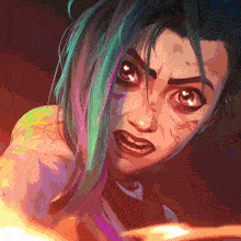 a close up of a woman 's face with a purple eye