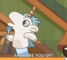a cartoon unicorn is standing on a set of stairs and asking a question .