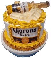 a cake with a bottle of corona extra in a bucket of ice