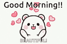 a cartoon of a teddy bear with hearts around it and the words `` good morning ! beautiful '' .
