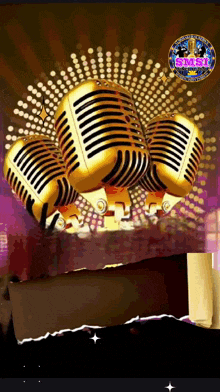 a group of gold microphones floating in the air on a purple background .