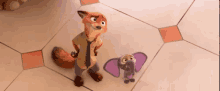 a fox and an elephant are standing next to each other on the floor .
