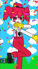a cartoon of a girl with red hair and yellow gloves standing in front of confetti and the number 13