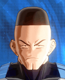 a close up of a man 's face with a shaved head against a blue background