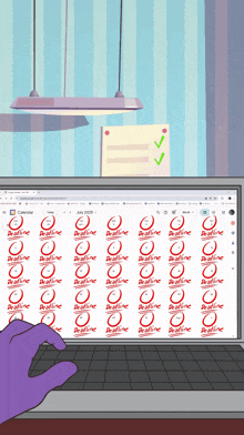 a purple hand is typing on a laptop with a deadline sticker on the screen
