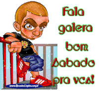 a cartoon of a man pointing with the words fala galera bom sabado pra ves