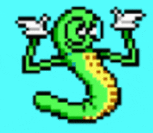 a pixel art of a green worm with white arms