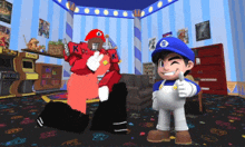 two cartoon characters are standing next to each other in a room and one has the letter k on his shirt